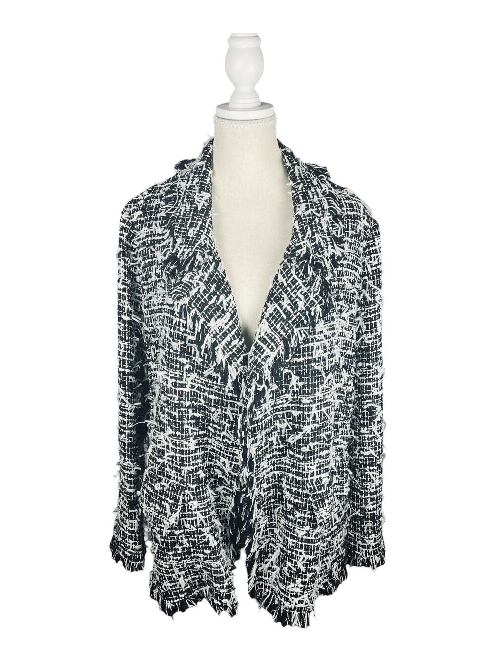 Oscar de la Renta Eyelash Frayed Tweed Open Front Blazer Silk Lined Italy 16